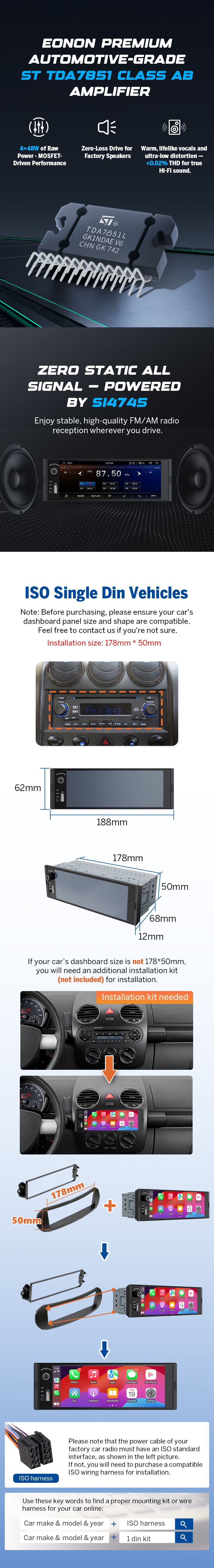 Eonon 6,36 Pouces Linux Autoradio Single Din, Sans Fil